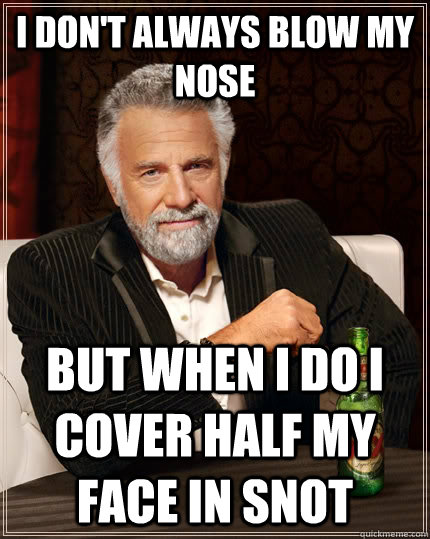 I don't always blow my nose but when I do I cover half my face in snot  The Most Interesting Man In The World