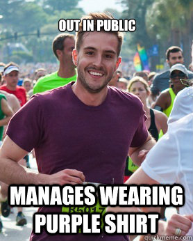 Out in public Manages wearing purple shirt  Ridiculously photogenic guy