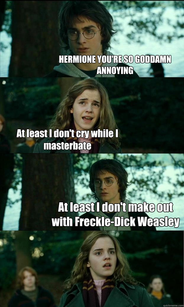 HERMIONE YOU'RE SO GODDAMN ANNOYING At least I don't cry while I masterbate At least I don't make out with Freckle-Dick Weasley  Horny Harry