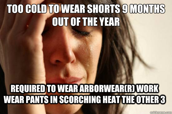 too cold to wear shorts 9 months out of the year required to wear arborwear(R) work wear pants in scorching heat the other 3  First World Problems