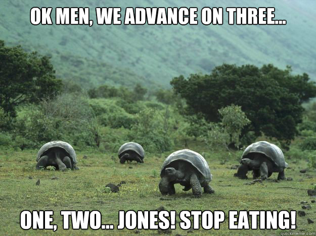 OK Men, we advance on three... One, Two... Jones! Stop Eating!  