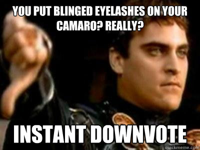You put blinged eyelashes on your camaro? Really? Instant downvote  Downvoting Roman