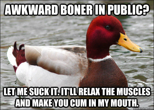 Awkward boner in public? Let me suck it. It'll relax the muscles and make you cum in my mouth.  Malicious Advice Mallard