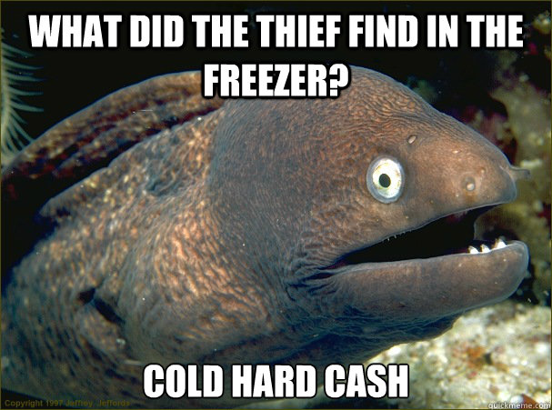 What did the thief find in the freezer? Cold hard cash  Bad Joke Eel