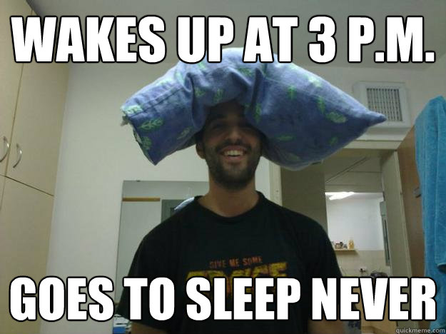 wakes up at 3 P.m. goes to sleep never  