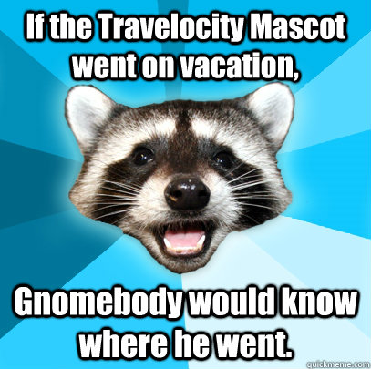 If the Travelocity Mascot went on vacation,  Gnomebody would know where he went. - If the Travelocity Mascot went on vacation,  Gnomebody would know where he went.  Lame Pun Coon