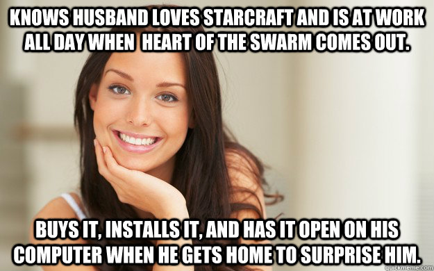 Knows Husband loves Starcraft and is at work all day when  Heart of the Swarm comes out.  Buys it, installs it, and has it open on his computer when he gets home to surprise him. - Knows Husband loves Starcraft and is at work all day when  Heart of the Swarm comes out.  Buys it, installs it, and has it open on his computer when he gets home to surprise him.  Good Girl Gina