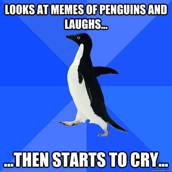Looks at memes of penguins and laughs... ...then starts to cry...  Socially Awkward Penguin