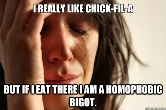 I really like chick-fil-a But if I eat there I am a homophobic bigot.  First World Problems