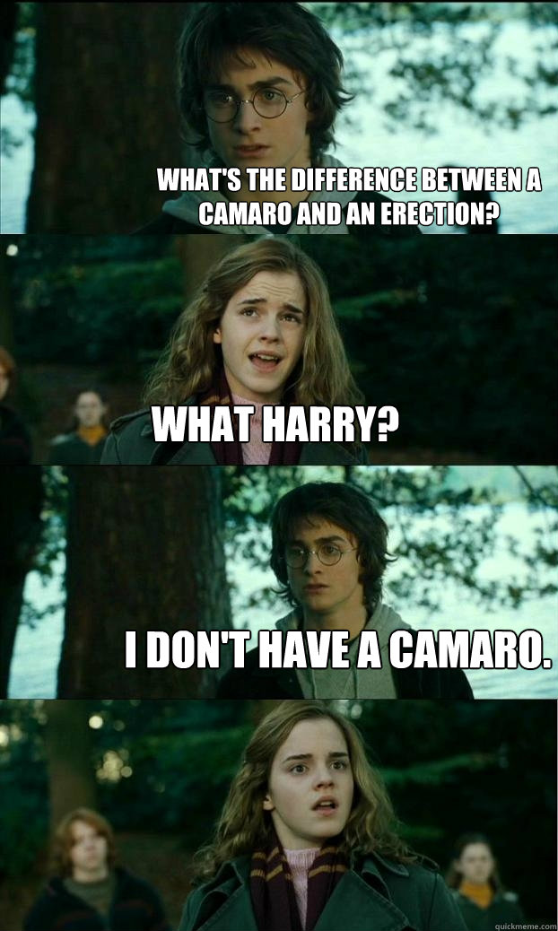 What's the difference between a Camaro and an erection?  What Harry? I don't have a Camaro.   Horny Harry