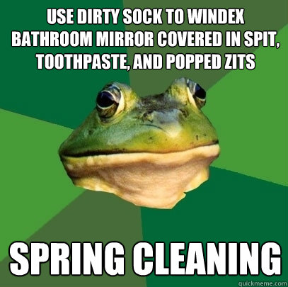 use dirty sock to windex bathroom mirror covered in spit, toothpaste, and popped zits Spring cleaning  Foul Bachelor Frog