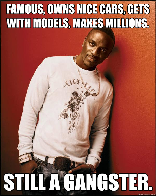 Famous, owns nice cars, gets with models, makes millions. Still a gangster.  Advice Akon