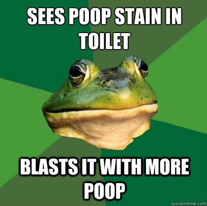 Sees poop stain in 
toilet blasts it with more poop  Foul Bachelor Frog