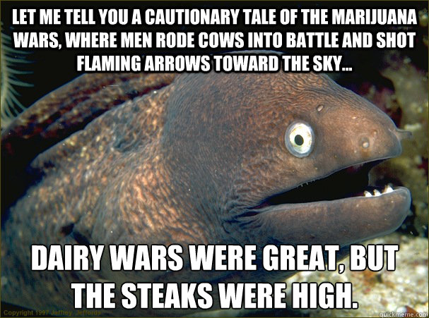 Let me tell you a cautionary tale of the marijuana wars, where men rode cows into battle and shot flaming arrows toward the sky... dairy wars were great, but the steaks were high. - Let me tell you a cautionary tale of the marijuana wars, where men rode cows into battle and shot flaming arrows toward the sky... dairy wars were great, but the steaks were high.  Bad Joke Eel