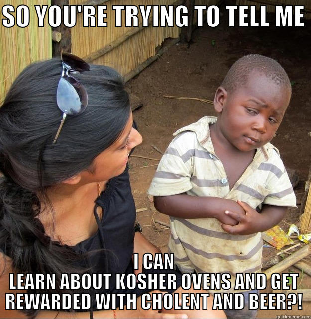 SO YOU'RE TRYING TO TELL ME  I CAN LEARN ABOUT KOSHER OVENS AND GET REWARDED WITH CHOLENT AND BEER?! Skeptical Third World Kid