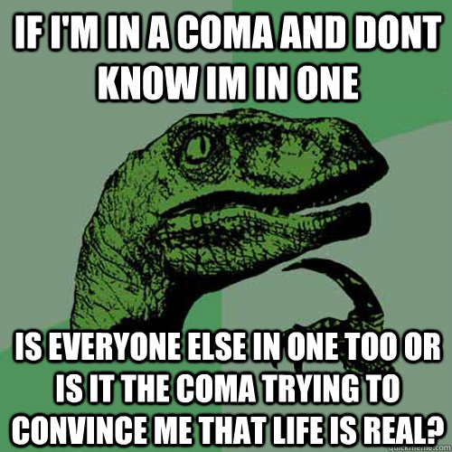 If i'm in a coma and dont know im in one is everyone else in one too or is it the coma trying to convince me that life is real?  Philosoraptor