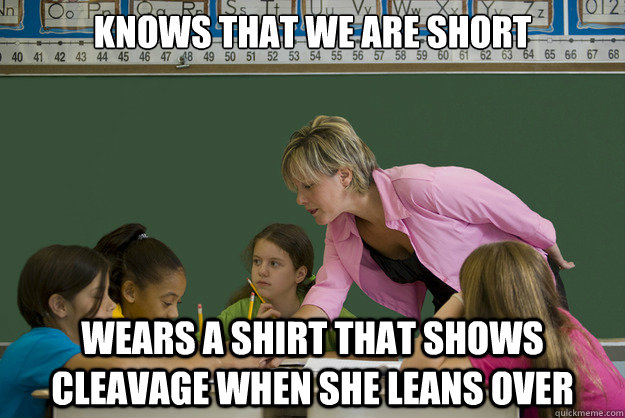 Knows that we are short wears a shirt that shows cleavage when she leans over - Knows that we are short wears a shirt that shows cleavage when she leans over  Good Girl Teacher