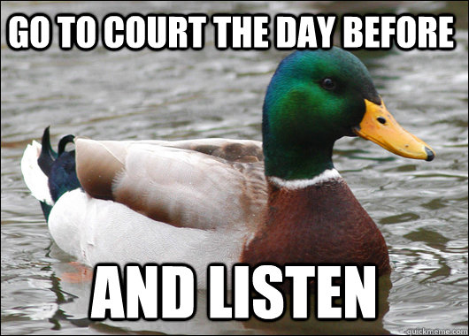 Go to court the day before and listen  Actual Advice Mallard