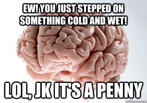 ew! you just stepped on something cold and wet! lol, jk it's a penny  Scumbag Brain