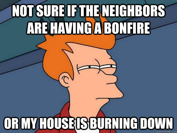 Not sure if the neighbors are having a bonfire Or my house is burning down - Not sure if the neighbors are having a bonfire Or my house is burning down  Futurama Fry