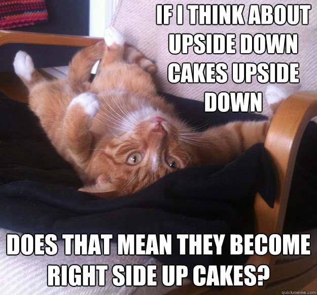 if i think about upside down
cakes upside down does that mean they become right side up cakes?  Sup Cat
