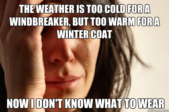 The weather is too cold for a Windbreaker, but too warm for a winter coat  Now I don't know what to wear  First World Problems