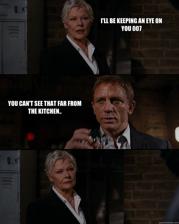 I'll be keeping an eye on you 007 You can't see that far from the kitchen..  Priorities Bond