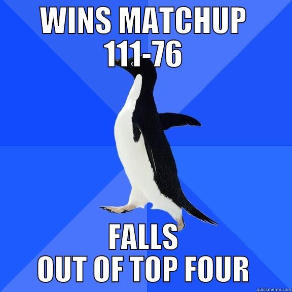 WINS MATCHUP 111-76 FALLS OUT OF TOP FOUR Socially Awkward Penguin