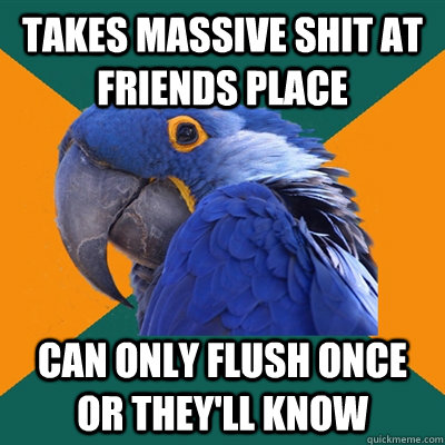 TAKES MASSIVE SHIT AT FRIENDS PLACE CAN ONLY FLUSH ONCE OR THEY'LL KNOW   Paranoid Parrot