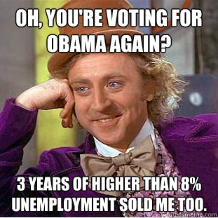 Oh, you're Voting for Obama again? 3 years of higher than 8% unemployment sold me too.  Psychotic Willy Wonka
