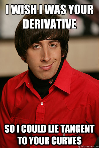 I wish I was your derivative So I could lie tangent to your curves - I wish I was your derivative So I could lie tangent to your curves  Howard Wolowitz