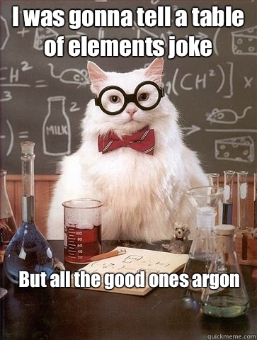 I was gonna tell a table of elements joke But all the good ones argon   Chemistry Cat