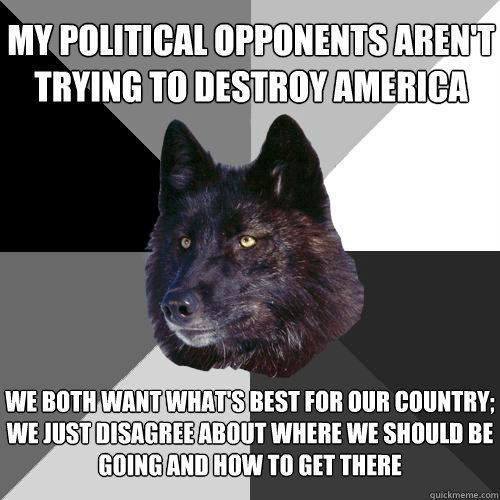 My political opponents aren't trying to destroy america we both want what's best for our country;
we just disagree about where we should be going and how to get there - My political opponents aren't trying to destroy america we both want what's best for our country;
we just disagree about where we should be going and how to get there  Sanity Wolf