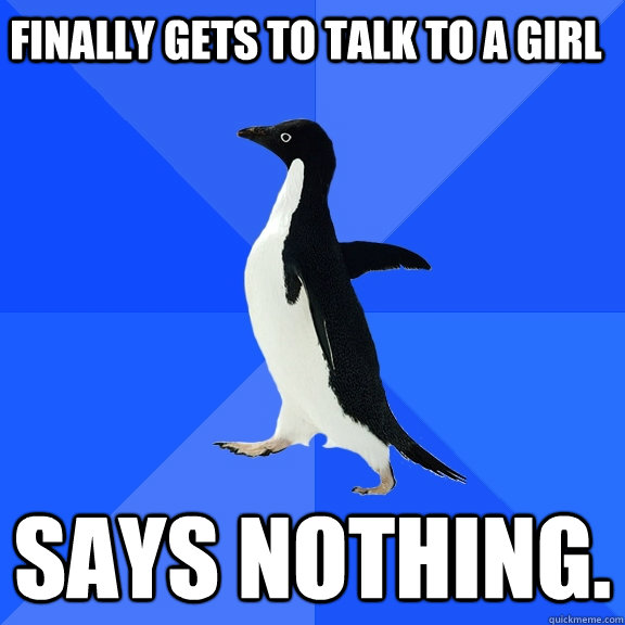 Finally gets to talk to a girl Says nothing.  Socially Awkward Penguin