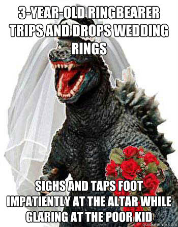 3-year-old ringbearer trips and drops wedding rings sighs and taps foot impatiently at the altar while glaring at the poor kid - 3-year-old ringbearer trips and drops wedding rings sighs and taps foot impatiently at the altar while glaring at the poor kid  Bridezilla
