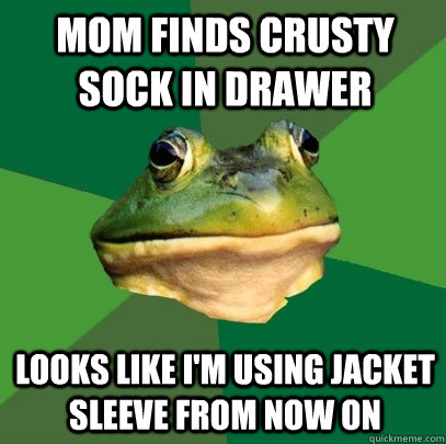 mom finds crusty sock in drawer looks like i'm using jacket sleeve from now on - mom finds crusty sock in drawer looks like i'm using jacket sleeve from now on  Foul Bachelor Frog