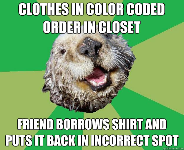 clothes in color coded order in closet friend borrows shirt and puts it back in incorrect spot  OCD Otter