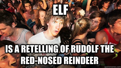 ELf is a retelling of Rudolf the red-nosed reindeer  Sudden Clarity Clarence
