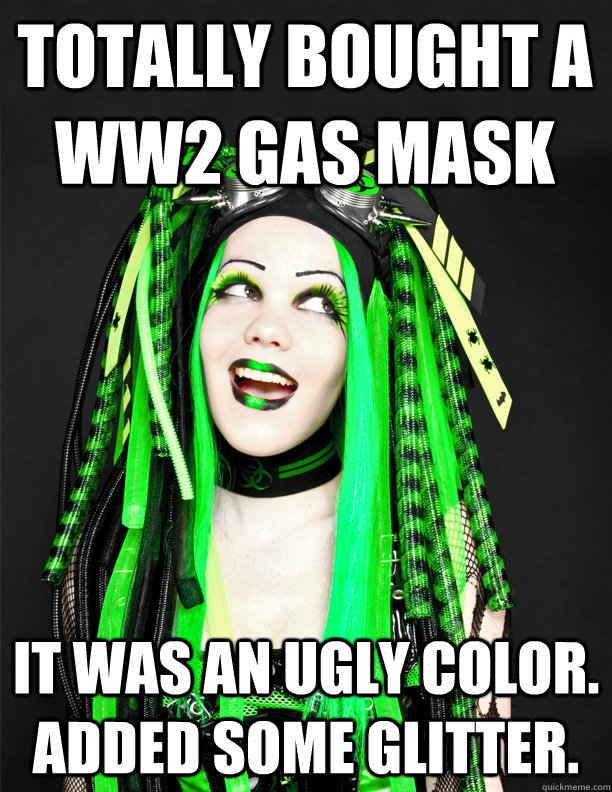 totally bought a ww2 gas mask it was an ugly color. added some glitter. - totally bought a ww2 gas mask it was an ugly color. added some glitter.  Totally Prepared CyberGoth