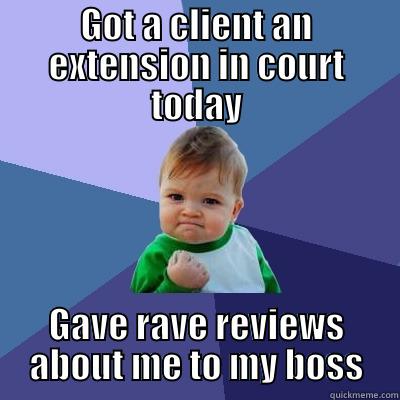 GOT A CLIENT AN EXTENSION IN COURT TODAY GAVE RAVE REVIEWS ABOUT ME TO MY BOSS Success Kid