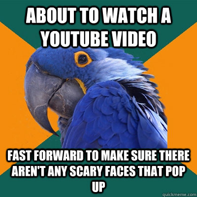 about to watch a youtube video Fast forward to make sure there aren't any scary faces that pop up  Paranoid Parrot