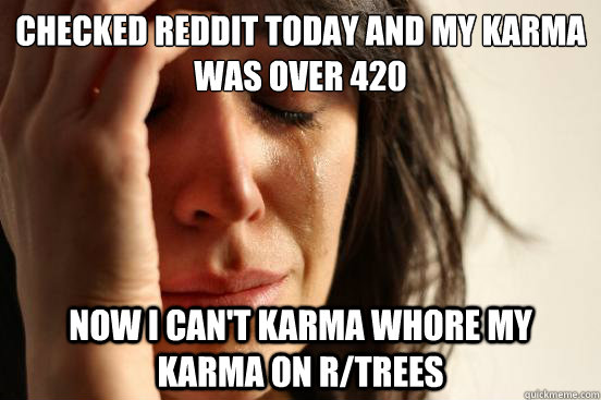Checked reddit today and my karma was over 420 Now i can't karma whore my karma on r/trees  First World Problems