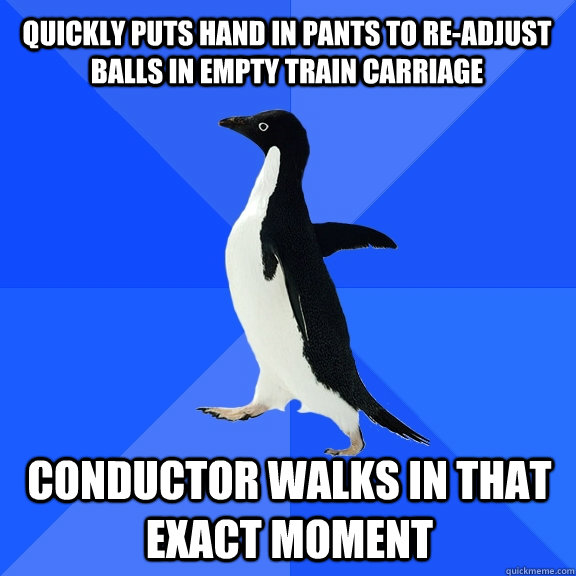 quickly puts hand in pants to re-adjust balls in empty train carriage conductor walks in that exact moment  Socially Awkward Penguin