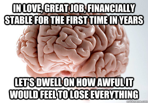 in love, great job, financially stable for the first time in years let's dwell on how awful it would feel to lose everything  ScumbagBrain