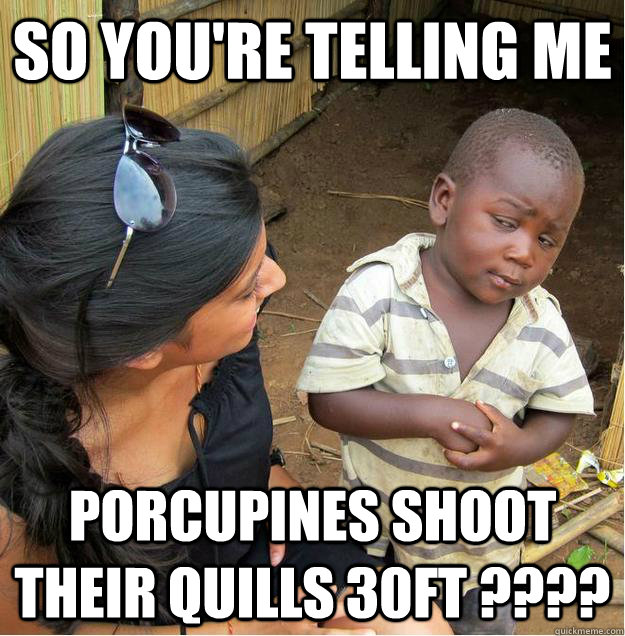 so you're telling me Porcupines shoot their quills 30ft ????  Sceptical African child