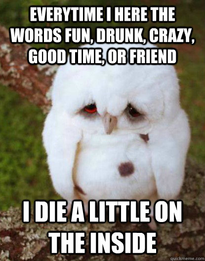 everytime i here the words fun, drunk, crazy, good time, or friend i die a little on the inside  Depressed Baby Owl