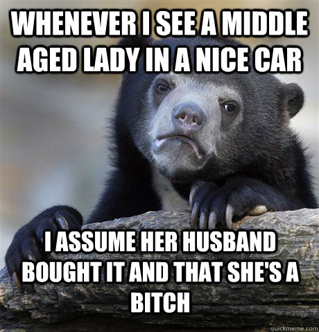 Whenever I see a middle aged lady in a nice car I assume her husband bought it and that she's a bitch  Confession Bear