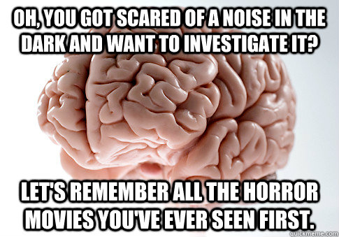 Oh, you got scared of a noise in the dark and want to investigate it? let's remember all the horror movies you've ever seen first.  Scumbag Brain