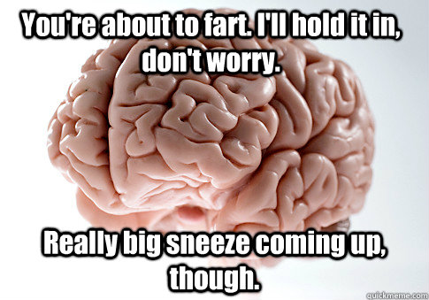 You're about to fart. I'll hold it in, don't worry. Really big sneeze coming up, though.   Scumbag Brain