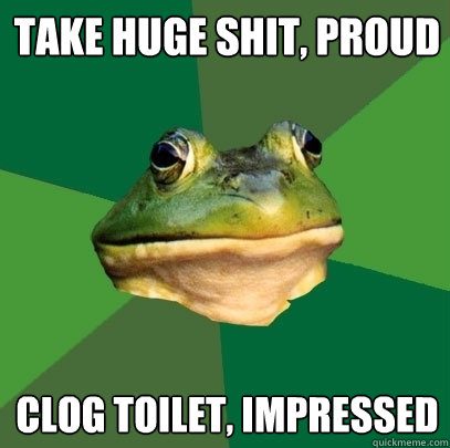 Take huge shit, proud Clog toilet, impressed  Foul Bachelor Frog